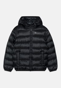 Czarna puchowa kurtka z kapturem, z pikowanym wzorem, elastycznymi mankietami i przednim zamkiem błyskawicznym. Na piersi nadrukowane szare logo.
