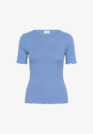 Svetlomodrý rebrovaný top s krátkym rukávom a okrúhlym výstrihom. Má volánové okraje na rukávoch a leme, vyrobený z mäkkej elastickej tkaniny.