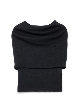 Mustast kudumist sall, millel on volditud kaelus, pehme tekstuur ja mitmekülgne ristkülikukujuline kuju erinevate stiilivõimaluste jaoks.