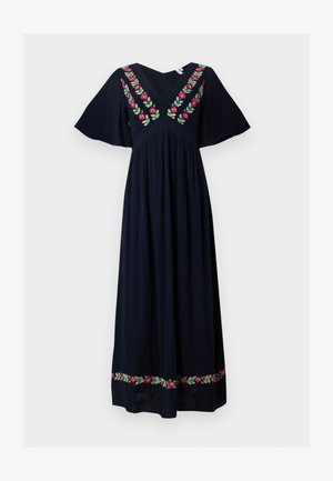 Abito lungo nero con maniche larghe, scollo a V, ricamo floreale rosa e verde sul petto e sull'orlo.