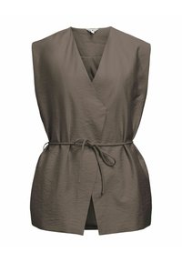 Gilet avvolgente khaki realizzato in tessuto texturizzato, caratterizzato da una profonda scollatura a V, design senza maniche e una cintura legata in vita per una vestibilità regolabile.