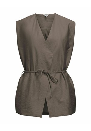 Gilet avvolgente khaki realizzato in tessuto texturizzato, caratterizzato da una profonda scollatura a V, design senza maniche e una cintura legata in vita per una vestibilità regolabile.