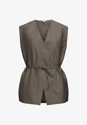 Kaki värvune pakitud vest, mis on valmistatud tekstuursest kangast, sügava V-kaeluse, ilma varrukateta disaini ja kinnitusnööriga, mis võimaldab reguleeritavat sobivust.