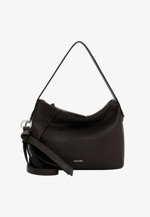 Dunkelbraune Lederhandtasche mit strukturierter Oberfläche, einem kurzen Schulterriemen und einem verstellbaren längeren Riemen. Sie verfügt über einen Reißverschluss.