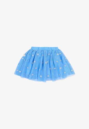 Gonna in tulle blu da ragazza con ricamo di margherite bianche e gialle e vita elasticizzata, stesa su uno sfondo bianco.