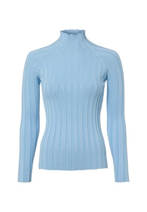 Hellblauer, gerippter Rollkragenpullover mit langen Ärmeln, einer figurbetonten Silhouette und einem dezenten gerüschten Rand am Kragen.