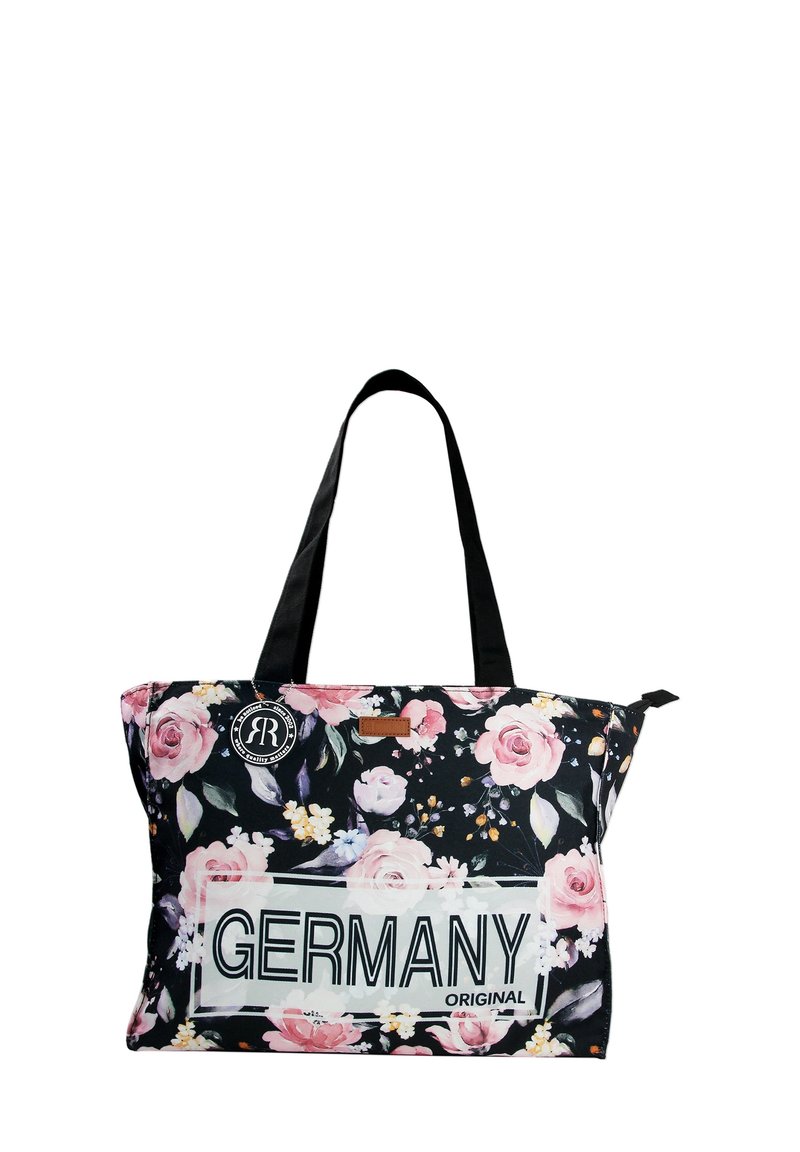 Sac fourre-tout noir décoré de fleurs, avec des roses roses, des accents blancs et une étiquette "GERMANY ORIGINAL" en texte gras. Poignées noires et fermeture éclair.