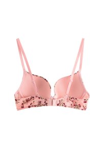 Bra in pizzo floreale rosa con spalline regolabili, supporto con ferretto e finitura in raso liscio, dotato di chiusura con ganci e asole sul retro.