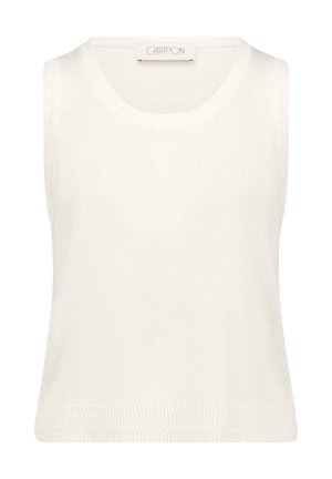 Biała dzianinowa kamizelka bez rękawów z okrągłym dekoltem i prążkowanym dołem, oznaczona etykietą "Cartoon" na wewnętrznym kołnierzu.