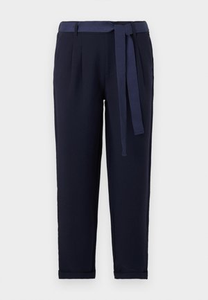 Marineblauwe broek van zachte stof, met een brede tailleband met riem, geplooide voorkant en opgerolde manchetten, die een op maat gemaakte uitstraling biedt.