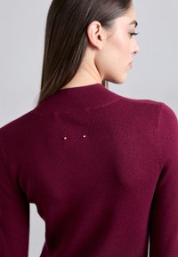 Hosszú sötét hajú nő egy testhez simuló bordó pulóvert visel, magas gallérral, oldalra fordulva, egy sima szürke háttér előtt.