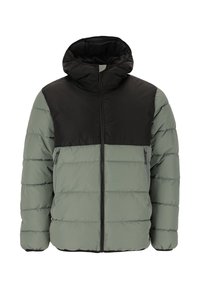 Puffjacka med svart övre del och ljusgrön nederdel, med dragkedjefickor, huva och quiltad yta för isolering.