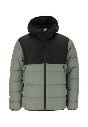 Puffjacka med svart övre del och ljusgrön nederdel, med dragkedjefickor, huva och quiltad yta för isolering.