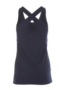 Canottiera navy con un'apertura rotonda sul retro e spalline incrociate. Realizzata in un tessuto morbido ed elastico con un design semplice e pulito.