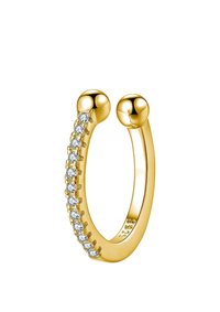 Goldfarbene Creolen mit einer Reihe kleiner klarer Edelsteine auf einer Seite, sphärischen Enden und einer glatten Oberfläche.