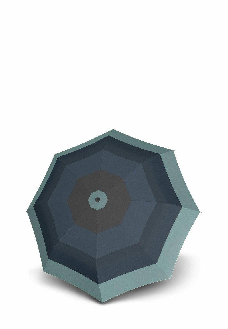 Umbrella with a hexagonal shape featuring varying shades of blue and green. Textured fabric panels with a central button and no visible hardware.