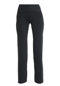 Schwarze Sporthose aus dehnbarem Material mit hoher Taille und tailliertem Design, das sich bis zu den Fußknöcheln verjüngt.
