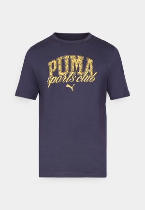 Dark navy short-sleeve T-shirt made of soft cotton, featuring bold yellow "PUMA sports club" text with a distressed effect.