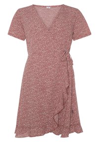 Röd blommig omhalt klänning med korta ärmar, V-ringning och volangkant. Lättviktig tyg med små vita blommor på en texturerad bakgrund.