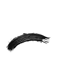 Tratto di eyeliner liquido nero con finitura lucida, caratterizzato da linee texture e una punta leggermente affusolata su sfondo bianco.