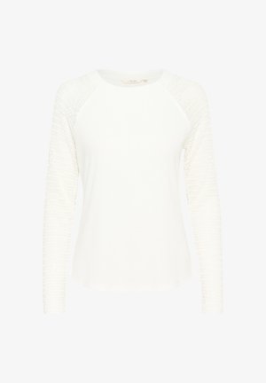 Weißes Langarmshirt mit rundem Halsausschnitt. Der Hauptteil besteht aus glattem Stoff; die Ärmel haben ein strukturiertes Strickmuster mit gerippten Bündchen.