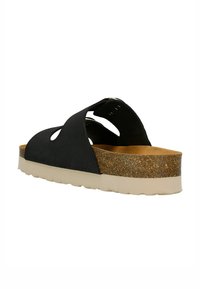 Sandalo nero open-toe con design a taglio, soletta in sughero e una spessa suola in gomma bianca. Materiale morbido con una texture liscia.
