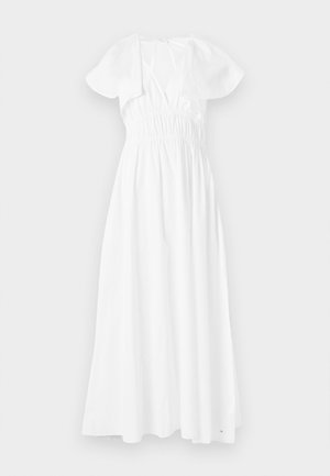Vestido largo blanco con cintura elástica, escote en V profundo y mangas cortas de vuelo. Hecho de tela ligera con una textura suave.