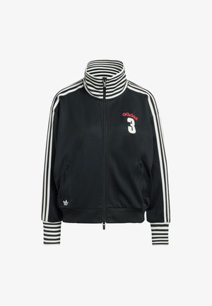 Must zip-up jakk, millel on valged triibud varrukatel ja krae ümber, esiküljel punane "adidas" logo ning valge number "3".