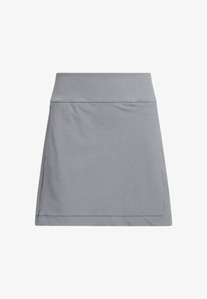 Gray mini skirt with a smooth, lightweight fabric. Features a fitted waistband and a simple, seamless design, allowing for ease of movement.