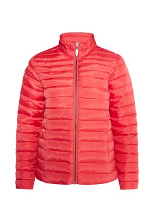 Červená vypchána bunda s vysokým golierom, zipsovým uzáverom a horizontálnym šitím. Vyrobená z lesklého, ľahkého materiálu.