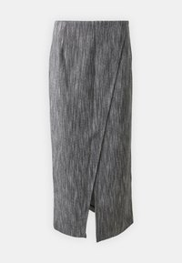 Gray pencil skirt with a textured fabric, featuring a wrap design and a side slit for ease of movement. Mid-length and tailored fit.