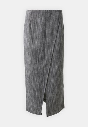 Szara spódnica ołówkowa z teksturowanej tkaniny, z designem typu wrap oraz bocznym rozcięciem dla swobody ruchów. Do długości midi i dopasowany krój.