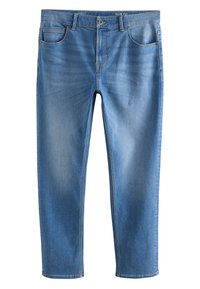 Jean slim en denim bleu clair, avec un design traditionnel à cinq poches, fermeture par bouton et coutures apparentes. Texture usée et délavée visible.