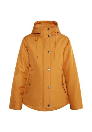 Oranje waterdichte jas met een capuchon, vooraan drukknopen, twee zijzakken en verstelbare koordjes. Gladde textuur, casual ontwerp.