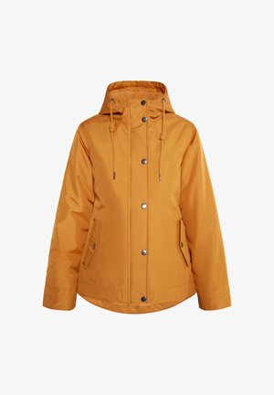 Pomarańczowa wodoodporna kurtka z kapturem, z przodu na zatrzaski, z dwoma bocznymi kieszeniami oraz regulowanymi sznurkami. Gładka tekstura, casualowy design.