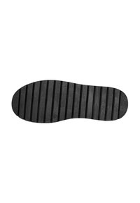 Black rubber shoe sole with a textured, horizontal striped pattern, featuring rounded front and back edges for grip and durability.