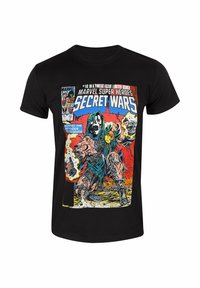 Černé bavlněné tričko s barevným komiksovým potiskem z "Marvel Super Heroes Secret Wars" s detailní grafikou a výrazným textem.