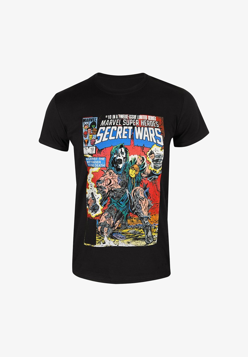 Černé bavlněné tričko s barevným komiksovým potiskem z "Marvel Super Heroes Secret Wars" s detailní grafikou a výrazným textem.