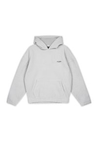 Hellgrauer Fleece-Hoodie mit einer Fronttasche, verstellbarem Kapuzenzug und subtiler Markenkennzeichnung auf der Brust. Sanfter Stoff, lockere Passform.