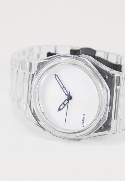 Clear acrylic strap watch with an octagonal case, white dial, and blue hands and accents. Minimalist design with a modern aesthetic.