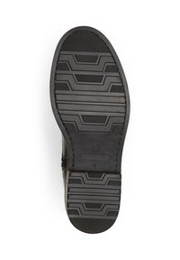 Black shoe sole with textured rubber, featuring a geometric tread pattern, size 37 marked, and a smooth outer edge.