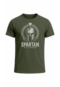 Olive green cotton t-shirt featuring a silver Spartan helmet graphic with Greek key border and printed text "SPARTAN PAIN IS TEMPORARY."