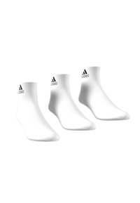 White cotton ankle socks with ribbed cuffs, three pairs, featuring a black Adidas logo on each sock. Smooth texture and fitted design.