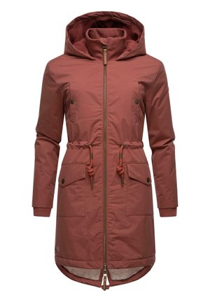 Red-brown parka jacket with a zip closure, drawstring waist, two front pockets, and a fleece-lined hood. Features ribbed cuffs.