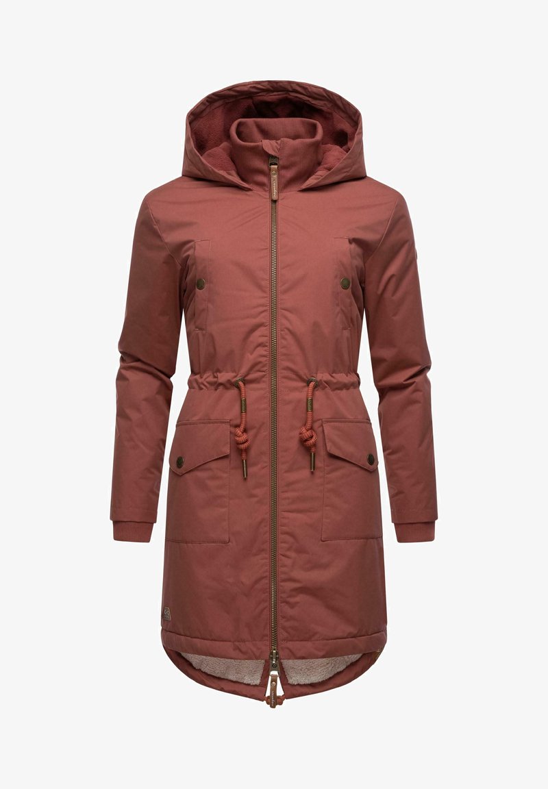 Red-brown parka jacket with a zip closure, drawstring waist, two front pockets, and a fleece-lined hood. Features ribbed cuffs.