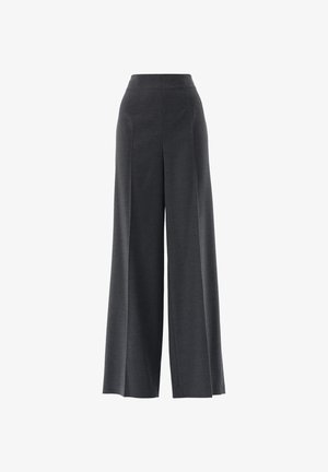 Dunkelgraue, hoch taillierte Hose mit weitem Bein, vorderer Mittelnaht und ohne sichtbare Taschen oder Knöpfe.