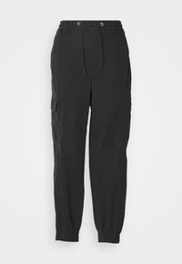 Black cargo pants with an elastic waistband, drawstring, and side pockets; tapered legs with cuffed hems. Made of lightweight fabric.