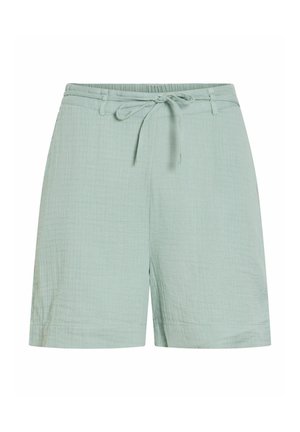 Helerohelised tekstuuriga lühikesed püksid, millel on elastne vöökoht ja ees nööriga seotav pael.