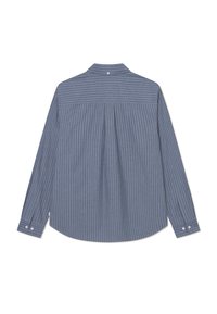 Blue striped long-sleeve shirt featuring a button-down collar, back pleat, and rounded hem. Buttons on cuffs and yoke detail visible.