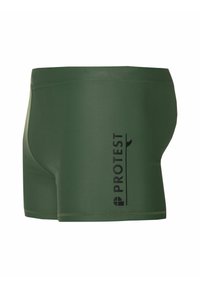 Zelené plavky vyrobené z elastického materiálu. Obsahujú čierny potlač loga na jednej strane a ploché švy pre pohodlie a odolnosť.